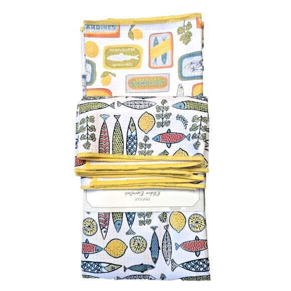 Envogue Microfiber Kitchen Towels Fish Sardine Cans Lemon 4-Pc Cotton Gift NEW - Picture 3 of 3
